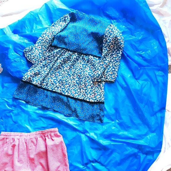 COTTAGECORE LOOSE SEERSUCKER RED & WHITE PANTS, SZ. 14 +PRINT GRANNY BLOUSE, LG - Picture 4 of 7